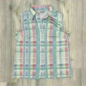Vintage 1970s Sears Perma Prest Sleeveless Print Button Collared Shirt Size L